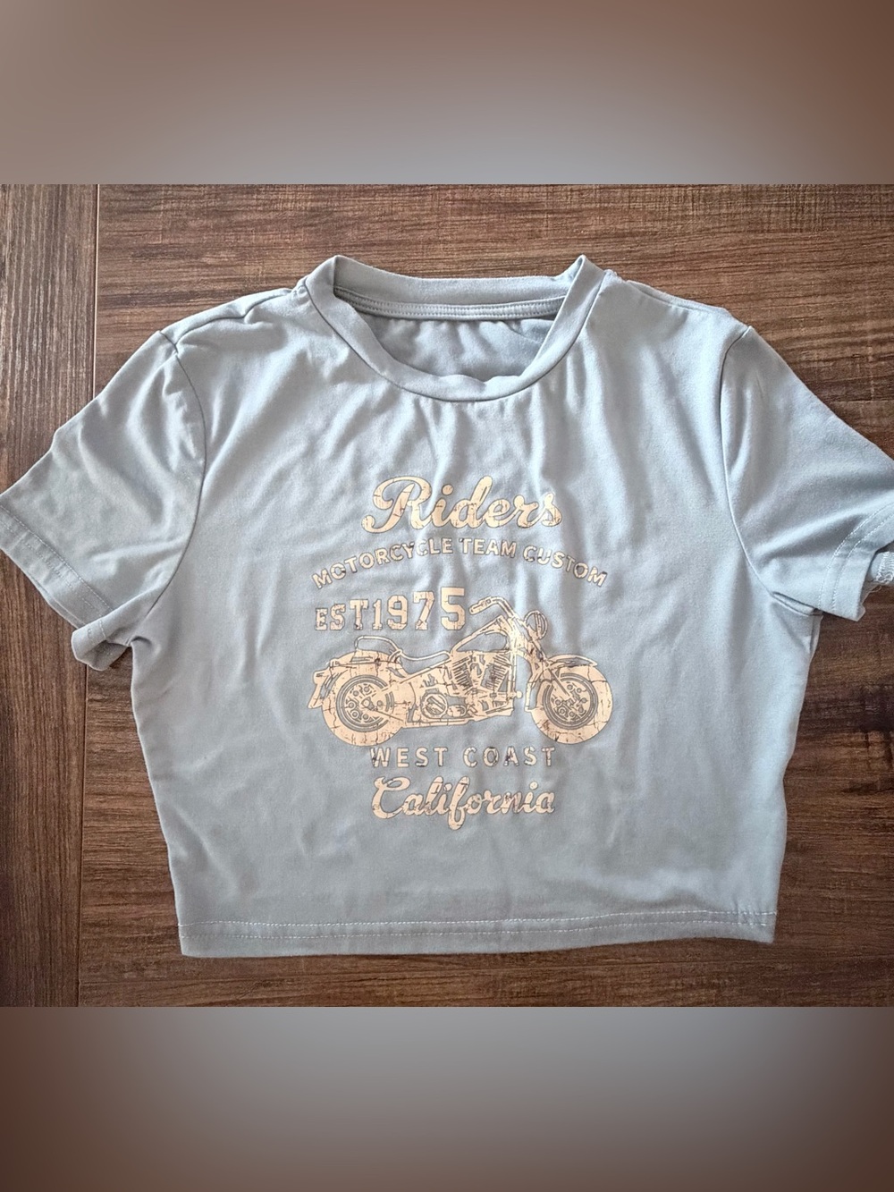Biker Graphic Crop Top Light Blue Motorcycle Baby Tee XS